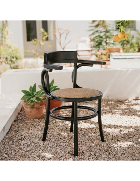 Chaise bistrot bois noir cannage accoudoirs 60x52x80 cm Vienne