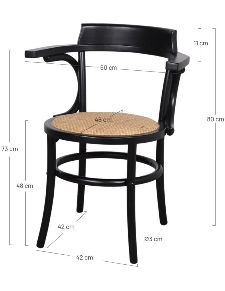 Chaise bistrot bois noir cannage accoudoirs 60x52x80 cm Vienne