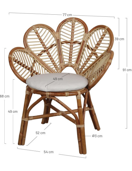 Fauteuil fleur rotin naturel coussin 77x64x91 cm Salina