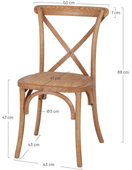 Chaise bistrot bois d’orme naturel assise tressée 50x53x88 cm Pienza