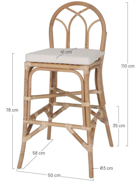 Tabouret de bar rotin naturel avec coussin 50x58x110 cm Orosei