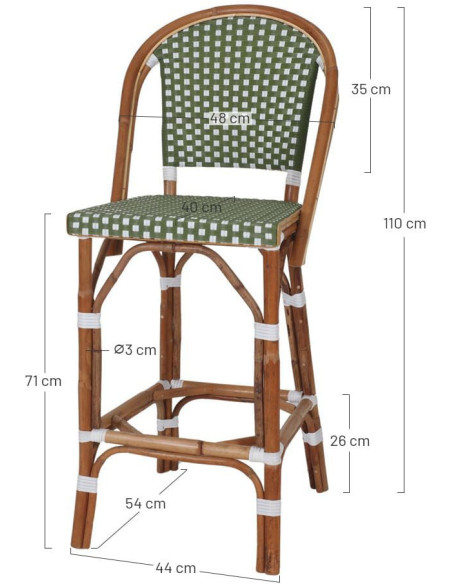 Tabouret de bar bistrot rotin naturel bleu et blanc 48x51x110 cm Ciboure