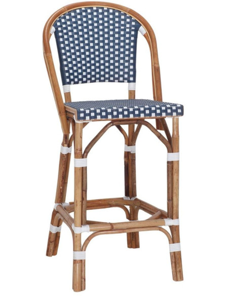 Tabouret de bar bistrot rotin naturel bleu et blanc 48x51x110 cm Ciboure