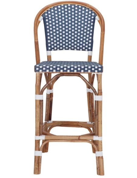 Tabouret de bar bistrot rotin naturel bleu et blanc 48x51x110 cm Ciboure