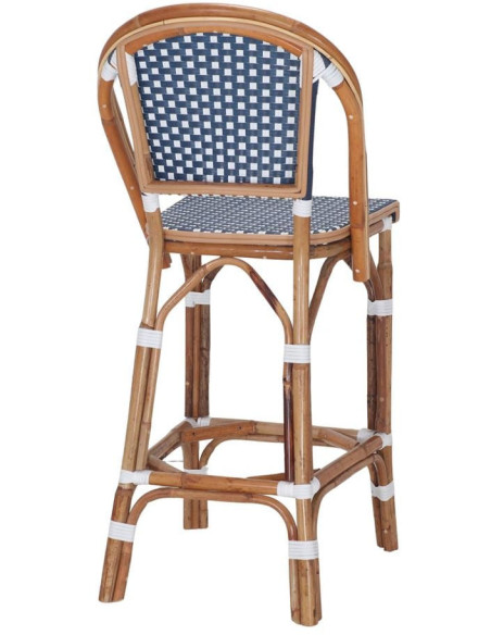 Tabouret de bar bistrot rotin naturel bleu et blanc 48x51x110 cm Ciboure