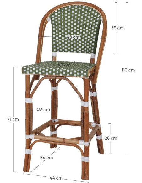 Tabouret de bar rotin bistrot rouge et blanc Ciboure