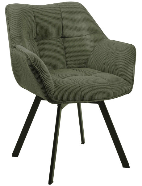 Fauteuil de table Hortense en Velours côtelé Vert Métal Noir