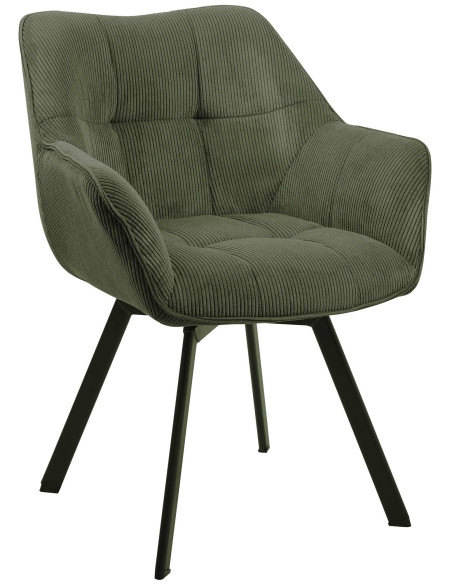 Fauteuil de table Hortense en Velours côtelé Vert Métal Noir
