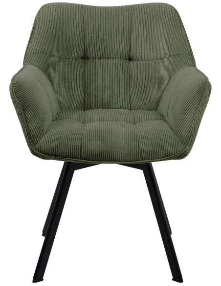 Fauteuil de table Hortense en Velours côtelé Vert Métal Noir
