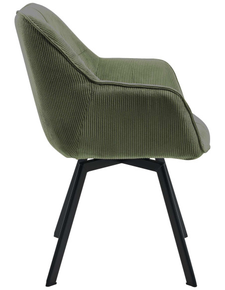 Fauteuil de table Hortense en Velours côtelé Vert Métal Noir