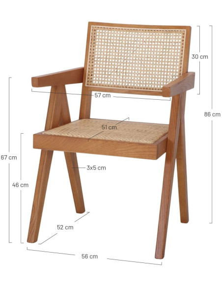 Chaise cannage bois naturel accoudoirs 57x60x86 cm Ivrea