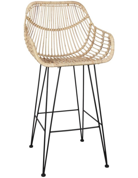 Tabouret de bar rotin naturel métal noir assise 75 cm Visby