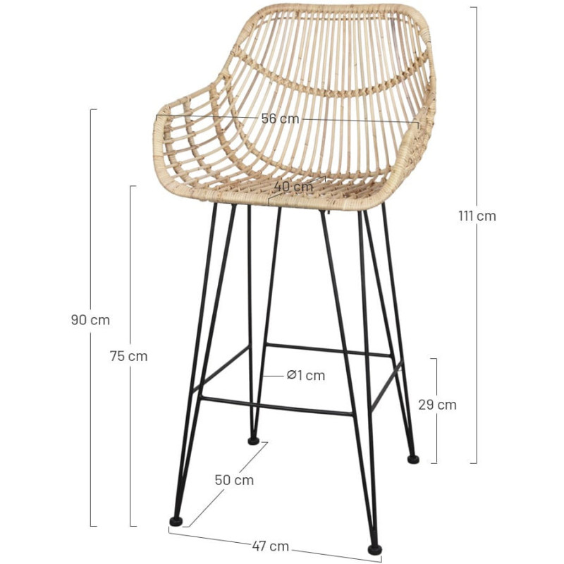 Tabouret de bar rotin naturel métal...