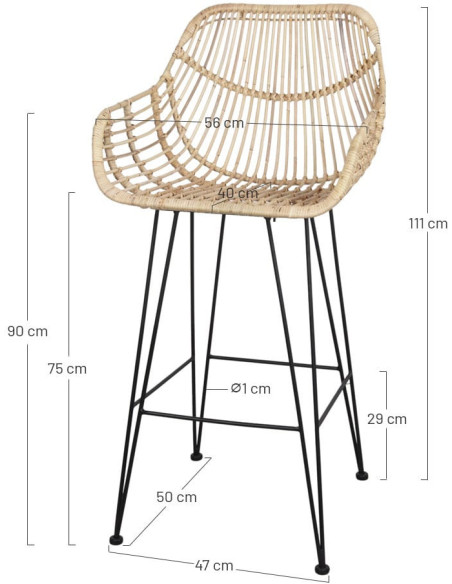 Tabouret de bar rotin naturel métal noir assise 75 cm Visby