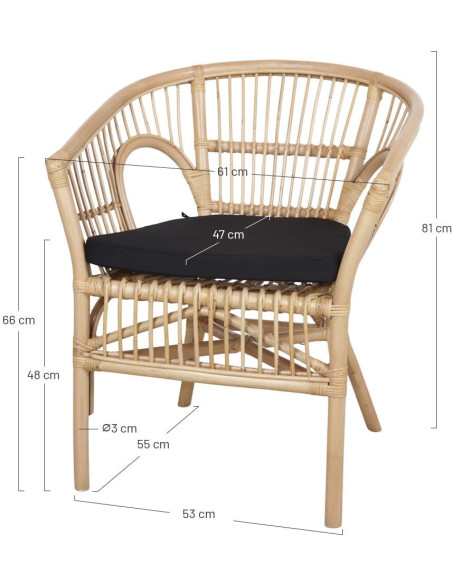 Fauteuil de table en rotin naturel avec coussin noir 61x62 cm Sóller