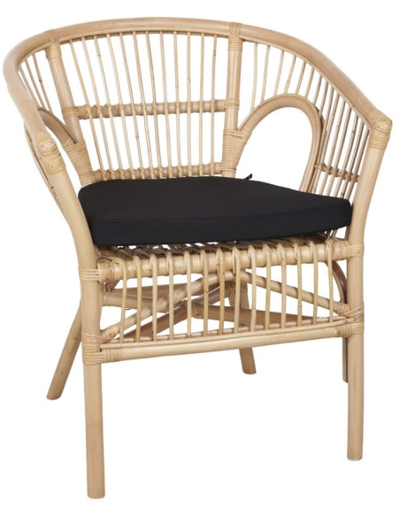 Fauteuil de table en rotin naturel avec coussin noir 61x62 cm Sóller