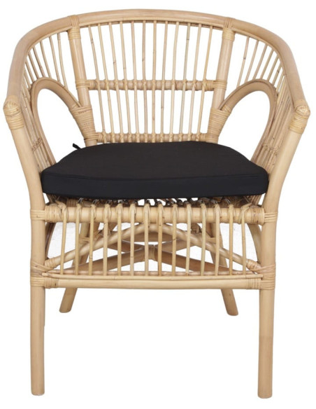 Fauteuil de table en rotin naturel avec coussin noir 61x62 cm Sóller