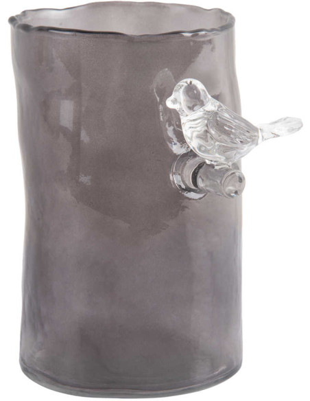 Petit vase oiseau gris fumé en verre 15 cm Bird On Branch
