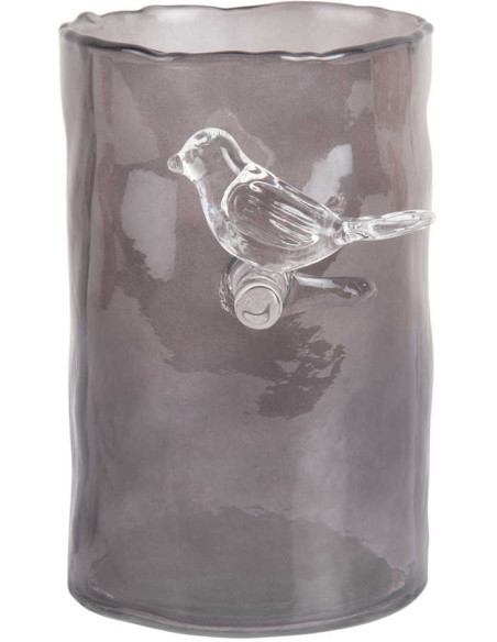 Petit vase oiseau gris fumé en verre 15 cm Bird On Branch