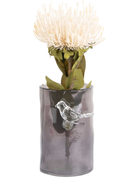Petit vase oiseau gris fumé en verre 15 cm Bird On Branch