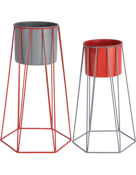 Lot de 2 cache-pots sur pied en métal gris et rouge Cool Retro