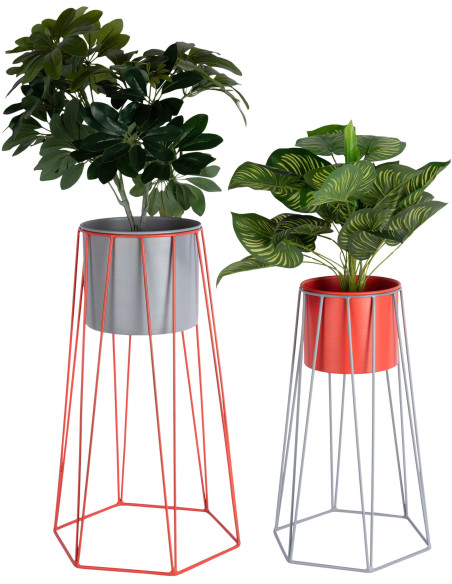 Lot de 2 cache-pots sur pied en métal gris et rouge Cool Retro