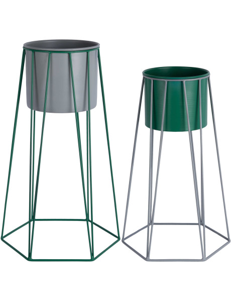 Lot de 2 cache-pots sur pied métal gris et vert Cool Retro