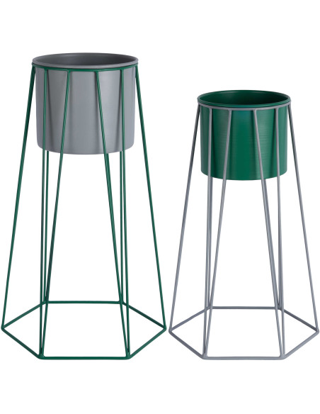 Lot de 2 cache-pots sur pied métal gris et vert Cool Retro