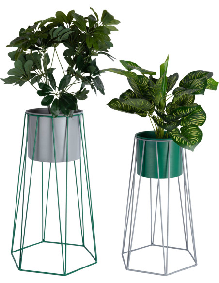 Lot de 2 cache-pots sur pied métal gris et vert Cool Retro