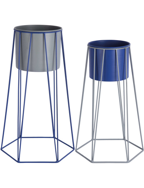 Lot de 2 cache-pots sur pied métal bleu et gris Cool Retro