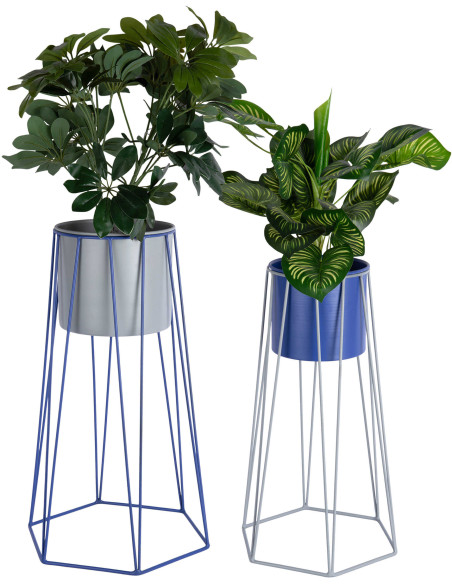 Lot de 2 cache-pots sur pied métal bleu et gris Cool Retro