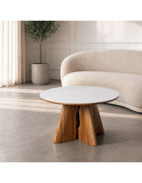 Table basse ronde céramique blanche bois 80 cm Pietrasanta