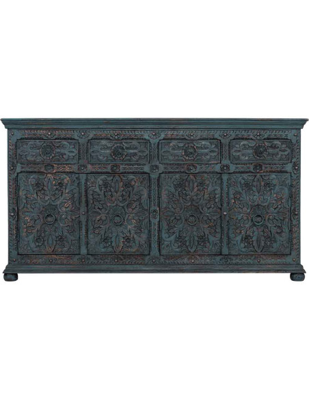 Buffet bois sculpté bleu 4 portes 180 cm Bundi