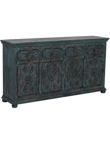 Buffet bois sculpté bleu 4 portes 180 cm Bundi
