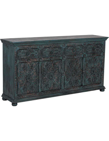 Buffet bois sculpté bleu 4 portes 180 cm Bundi