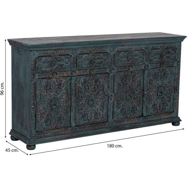 Buffet bois sculpté bleu 4 portes 180...