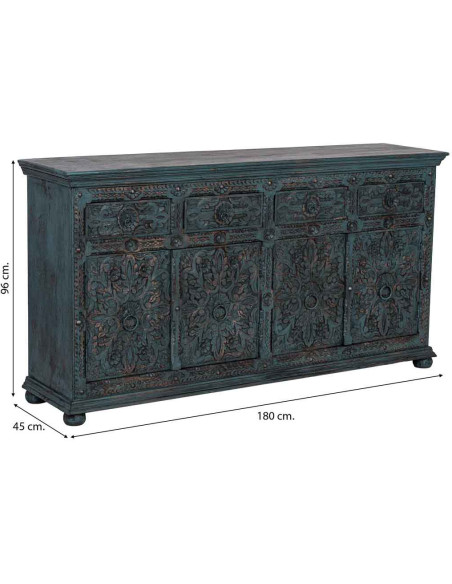 Buffet bois sculpté bleu 4 portes 180 cm Bundi