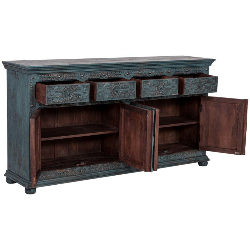 Buffet bois sculpté bleu 4 portes 180...