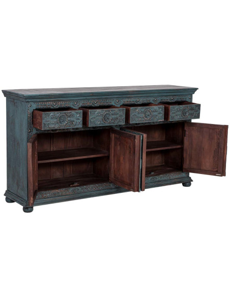 Buffet bois sculpté bleu 4 portes 180 cm Bundi