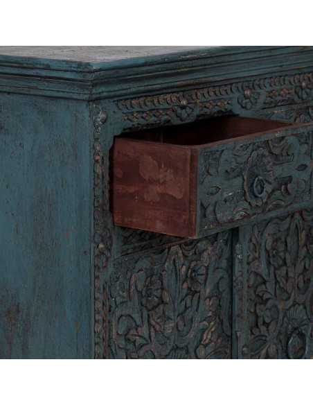 Buffet bois sculpté bleu 4 portes 180 cm Bundi
