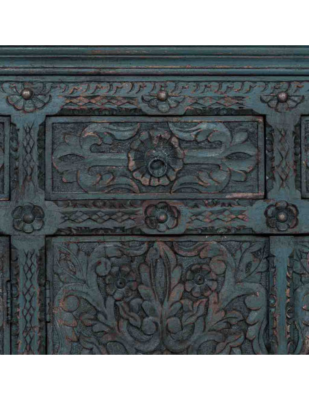 Buffet bois sculpté bleu 4 portes 180 cm Bundi