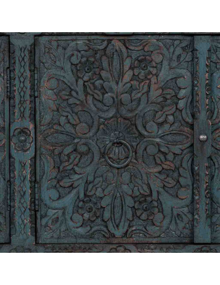Buffet bois sculpté bleu 4 portes 180 cm Bundi