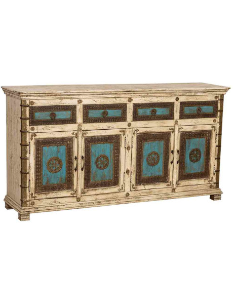 Buffet indien blanc turquoise bois et laiton 180 cm Mandawa