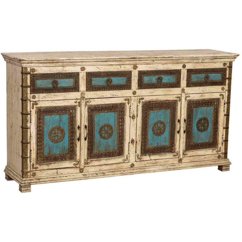 Buffet indien blanc turquoise bois et...