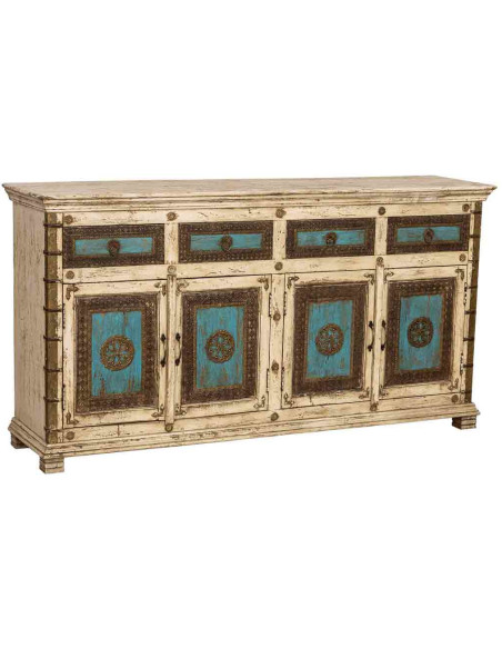 Buffet indien blanc turquoise bois et laiton 180 cm Mandawa