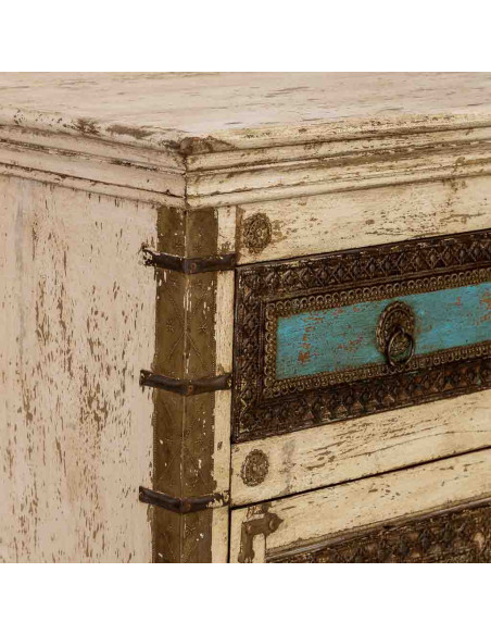Buffet indien blanc turquoise bois et laiton 180 cm Mandawa