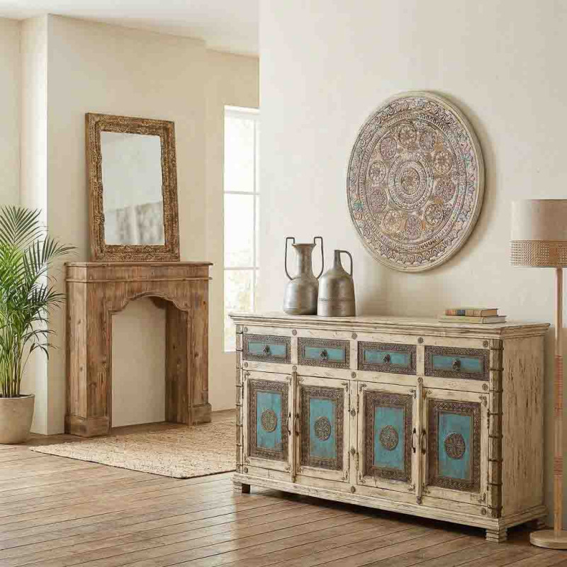 Buffet indien blanc turquoise bois et...