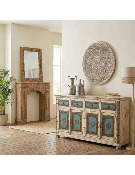 Buffet indien blanc turquoise bois et laiton 180 cm Mandawa