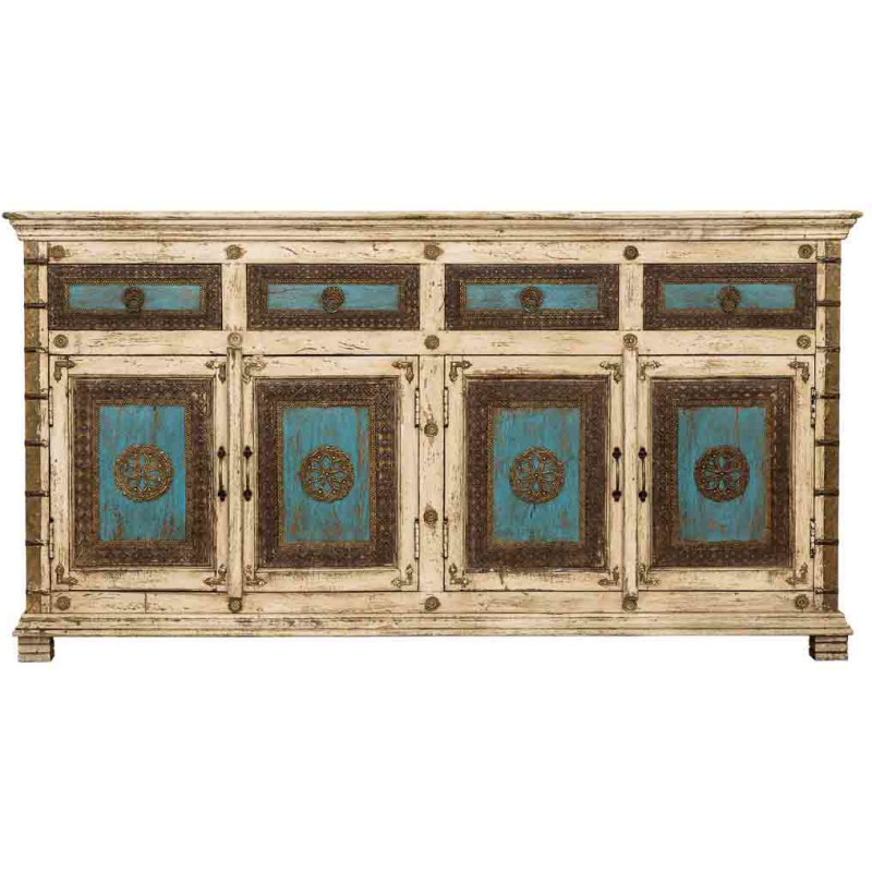 Buffet indien blanc turquoise bois et...