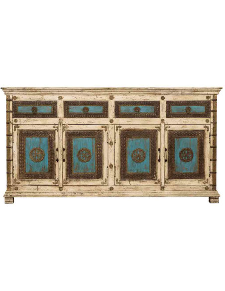 Buffet indien blanc turquoise bois et laiton 180 cm Mandawa